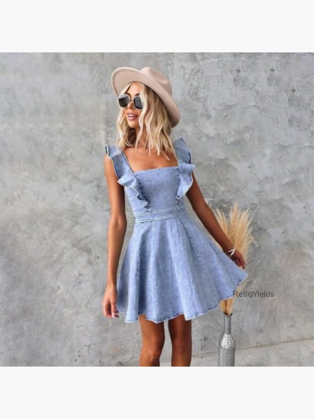 Ruffle Adjustable Strap Sleeveless Backless Babydoll Mini Jean Dress - Picture 4 of 7